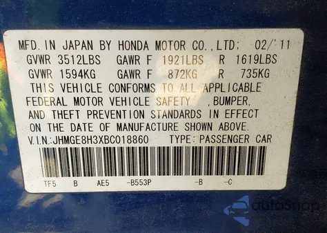 2011 Honda Fit from USA, damaged, VIN JHMGE8H3XBC018860